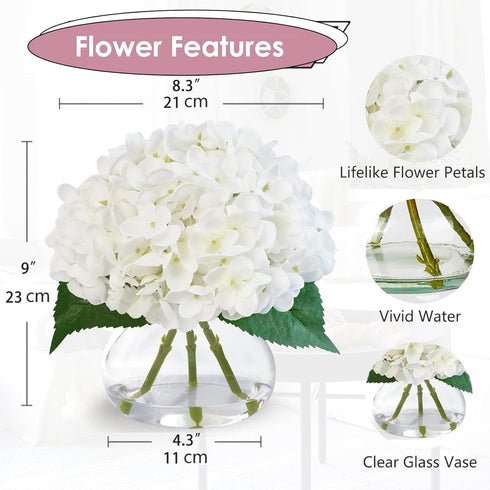 Hydrangea Artificial Flowers in Glass Vase, White Silk Fake Flowers Silk Centerpiece Table Decorations for Dining Room