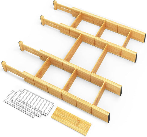 SpaceAid Bamboo Drawer Dividers with Inserts and Labels, Adjustable Kitchen Drawer Organizers, 4 Dividers (17-22 in)