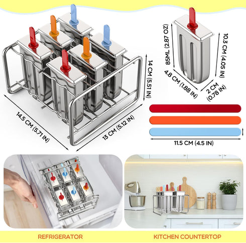 Jingmore 6 Frozen Stainless Steel Pop Molds, Round Head Metal Pop Molds with Holder & Reusable Sticks, Metal Ice Cream
