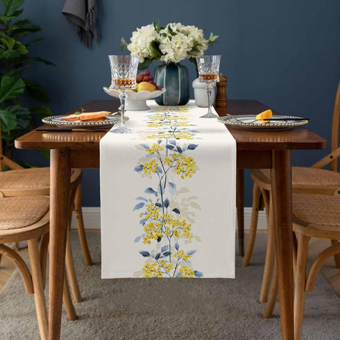 90 Inch Spring Table Runner, Summer Flower Wild Leaves Floral Holiday Dinner Party Decoration for Dining Room