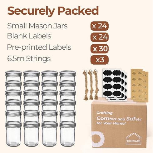 8 oz 24Pcs Set, ComSaf Small Mason Jars Bulk Half Pint Regular Mouth Mason Jar with Lids and Seal Bands, Glass Canning