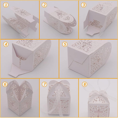 VIVIQUEN Baptism Favor Boxes, Laser Cut Cross Favor Boxes with 50 Ribbons for Baby Shower and Wedding Party Decorations