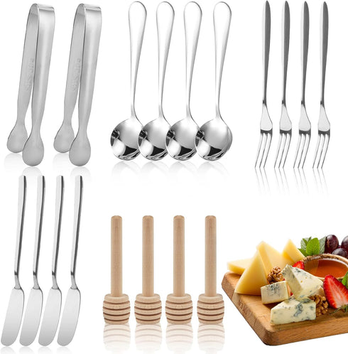 18 Pieces Charcuterie Board Accessories, Stainless Steel Cheese Butter Knives Set with Mini Serving Tongs, Silver