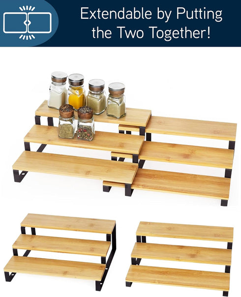 RoyalHouse Bamboo and Metal Expandable Spice Rack Organizer, Cabinet Shelf Organizers, 3-Tier Adjustable Kitchen Cabinet, Countertop Display Shelf, Space Organizer for Kitchen and Bathroom by RoyalHouse