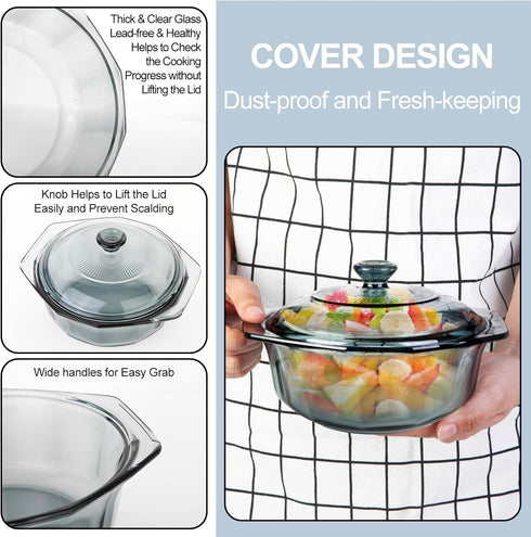 Mini Glass Casserole Dish with Lid, Oven Safe, Microwave Safe, Round Casserole Cookware with Handles, 33.08oz