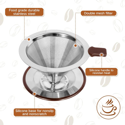 Pour Over Coffee Dripper,Reusable Stainless Steel Drip Cone Coffee Filter, Update Double Ultra Fine Micro Mesh Filter, Professional Paperless Drip Brew Coffee Cone Maker with Cup Stand,1-2 cup