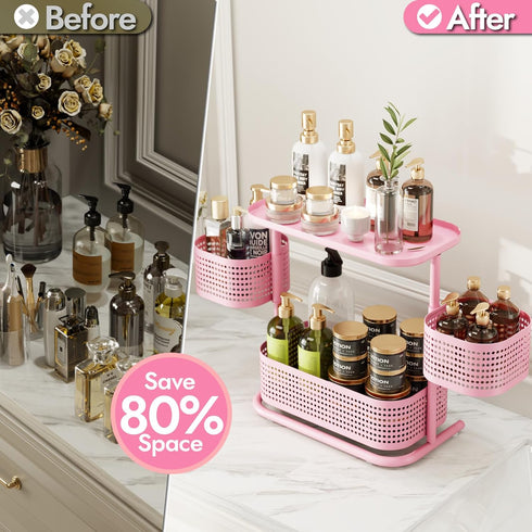 KINGRACK 3 Tier Bathroom Organizer Countertop, Multi-Purpose Makeup Organizer, Rotating Desktop Skincare Tray, Pink