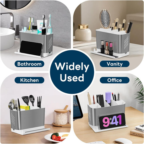 Countertop 6 Bathroom Organizer with Front Ledge for Phone, Detachable Kids Toothbrush Holders with Cord Slots and Ring