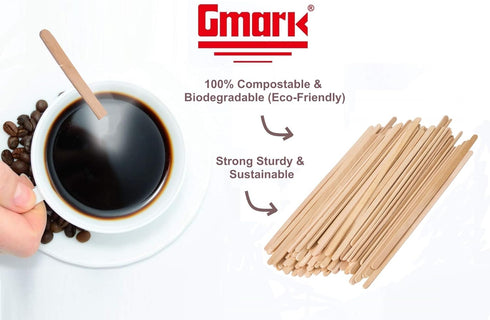 Gmark 5.5" Wood Coffee Stirrers - 1000 ct Natural Birch Wood Beverage Stirrers, Round End (length 140mm, width 6mm)