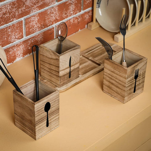 Kathfly 4 Pcs Silverware Caddy Utensil Holder for Countertop, Wood Tray Spoon Fork Holder for Kitchen Parties (Brown)