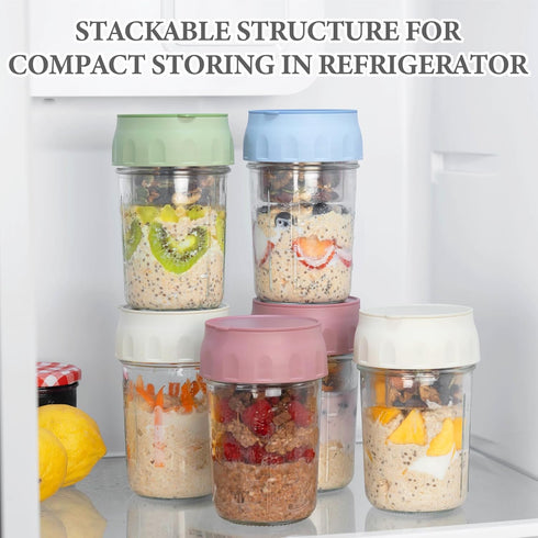 4 Pack 16oz (4 Set-Oat SOLIGT Overnight Oats Containers with Lids, Folding Spoons and Divided Compartments for Fruit