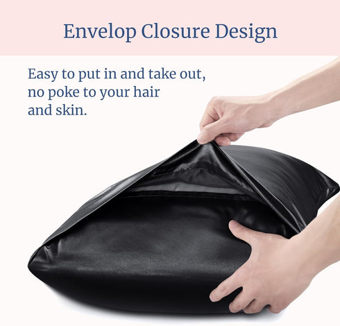 BEDELITE Satin Pillowcase for Hair and Skin, 2 Pack Super Soft Cooling Pillow Cases with Envelope Closure, Black