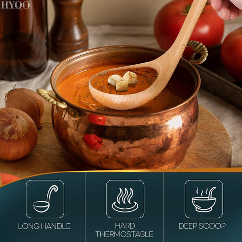 Wooden Ladle for Soup, 10.8x2.8" with Deep Scoop, Hanging Hook, Lacquer Coating