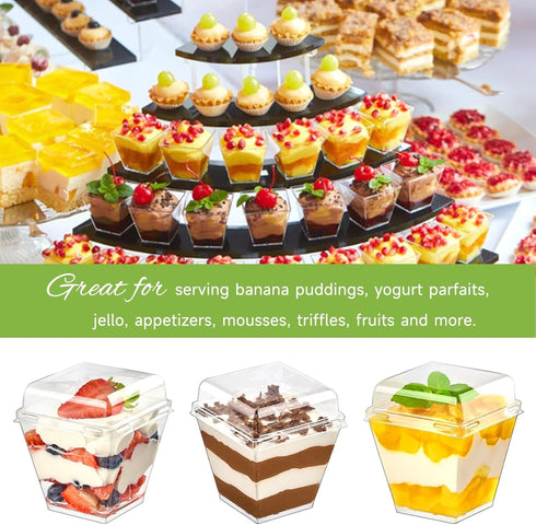 50 Pack 7 oz Qeirudu Dessert Cups with PET Lids and Spoons, Mini Plastic Yogurt Parfait Cups Square Party Serving Cup