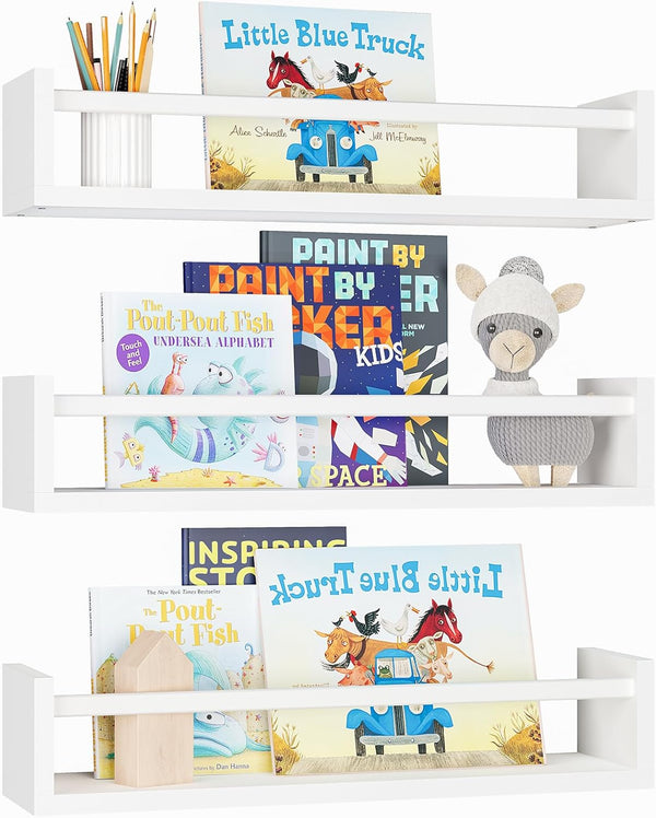 Fixwal Nursery Bookshelves, 16.5 Inch Floating Bookshelves for Wall, Set of 3 Solid Wood Wall Mounted Shelves, White