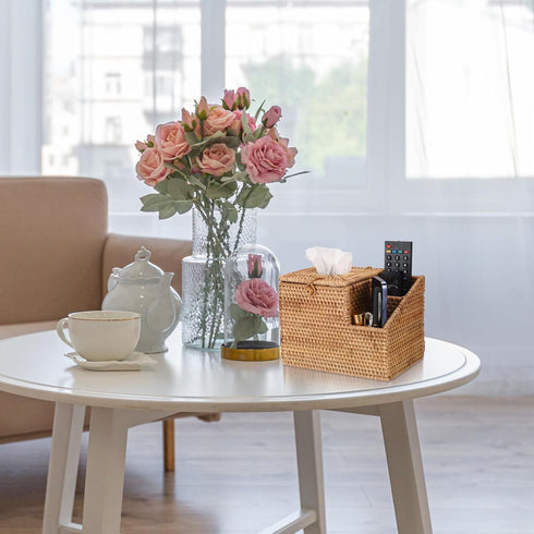Sumnacon Tissue Box Square Cover with Storage, Rattan Holder with 2 Side Organizer for Bathroom Living Room