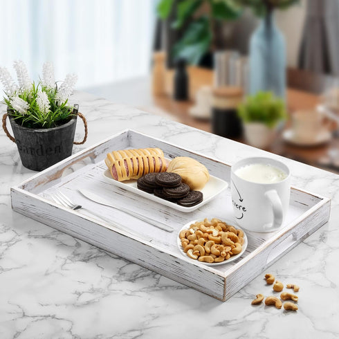 dreamkey 17 Inch Rustic White Serving Tray with Handles - Large Wooden Tray for Ottoman, Breakfast in Bed, Dinner