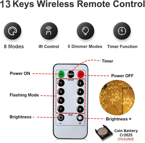20 108LED Fairy Sparkly Tree Lamp - USB & 3AA Powered with Remote Control, 8 Modes for Christmas and Desktop Decor