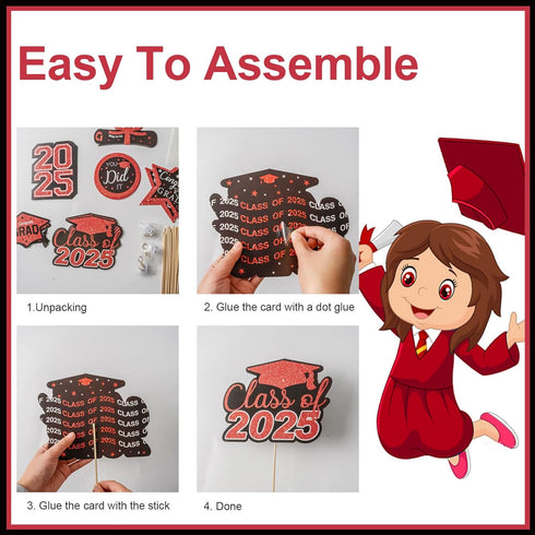 Graduation Decorations Class of 2025 - 36pcs Red and Black Table Centerpieces Sticks with Lights for Grad Party Supplies