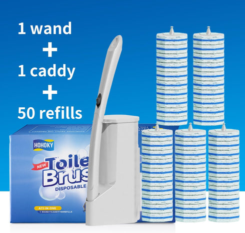 Disposable Toilet Brush Cleaning System with 50 Replacement Brush Heads, Wall Mounted Toilet Wand Kit for Bathroom