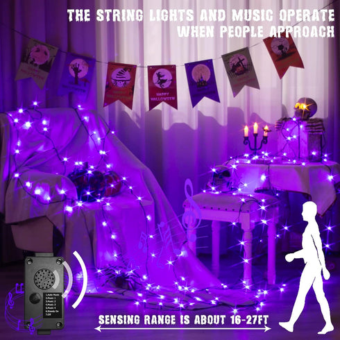 PEIDUO 82 FT 200 LED Purple String Lights Halloween Decorations Outdoor, Motion Sensor Controller with Spooky Music