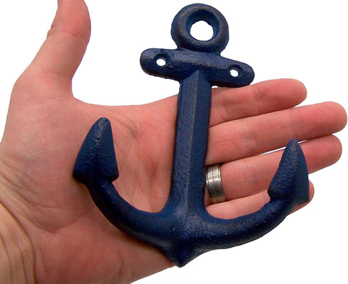 Nautical Cast Iron Ship Anchor Wall Hooks, Wowser, Set of 3 (Blue)