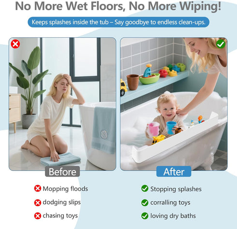 31.5" 11 Bathtub Splash Guard for Tub Kids, Silicone Splash Shield with Suction Cups, Toy Tray Shelf, No Spill Water