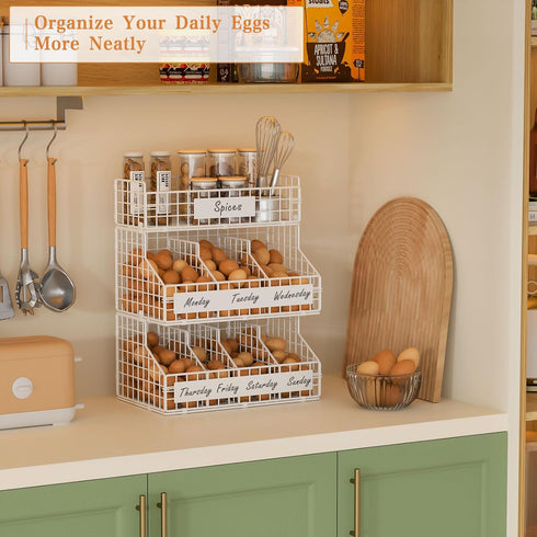 Countertop 5 3 keomaisyto Egg Holder with Dividers & DIY Nameplate to Separate Eggs, Tier Stackable Wire Storage