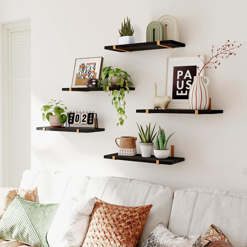 Set 5, 4.7 Inches, Fixwal Floating Black Gold Shelves of Width Rustic Wood Wall Storage Shelves for Bedroom, Living