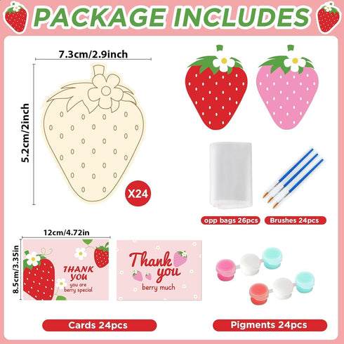 24 Set Strawberry Happy Birthday Party Favors Cards with Wood Painting Crafts Strawberry Coloring Party Supplies