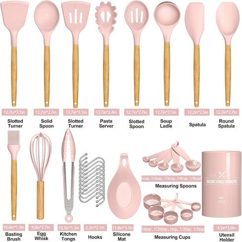 Kitchen Cooking Utensils Set, Umite Chef 33 pcs Non-stick Silicone Spatula Set with Holder, Wooden Handle, Pink