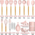 Kitchen Cooking Utensils Set, Umite Chef 33 pcs Non-stick Silicone Spatula Set with Holder, Wooden Handle, Pink