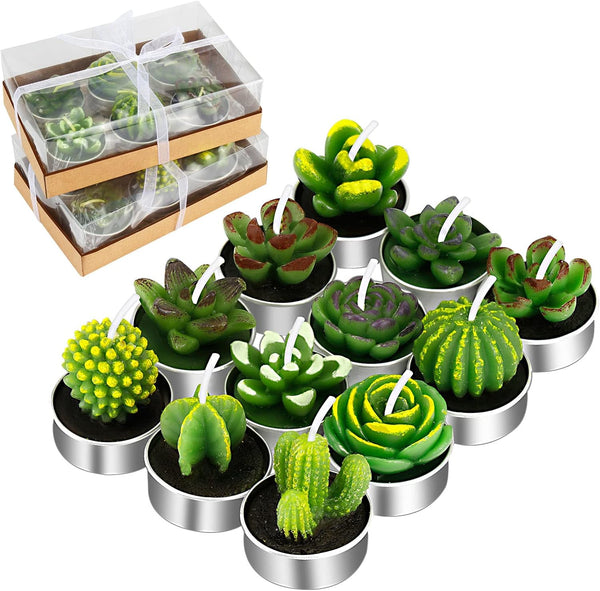 Outee 12 Pcs Handmade Cactus Tealight Candles - Delicate Succulent Candle Mini Tea Lights for Home Décor