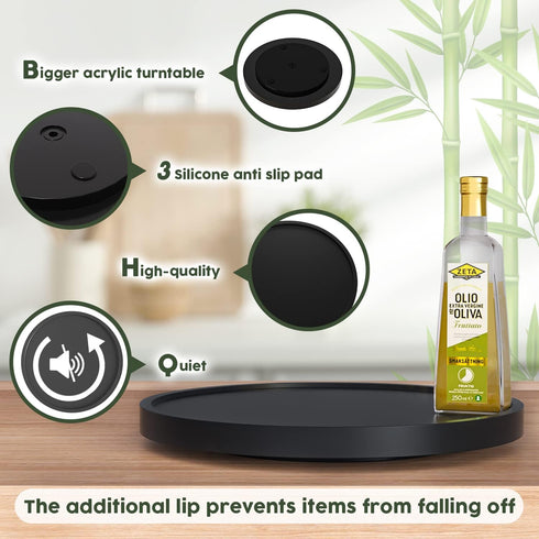 Lazy Susan Organizer for Table, 12 Inch Non-Skid Bamboo Turntable for Salt, Pepper, Spices, Olive Oil, Black