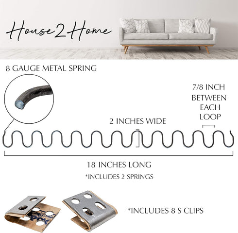 House2Home 18" Sofa Upholstery Spring Replacement, 2pk Repair Kit for Furniture Chair Couch, Includes Screws, Clips