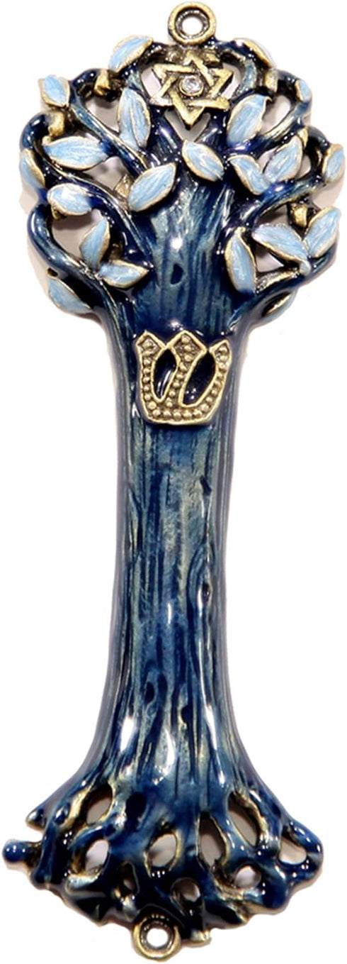 Bless This House Mezuzah Case, Wooden Texture Design with David Star, Blue Indigo Color for Jewish Homes