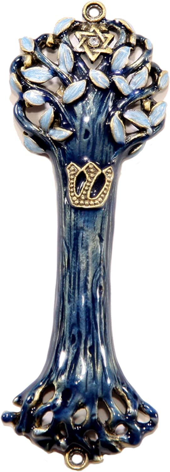 Bless This House Mezuzah Case, Wooden Texture Design with David Star, Blue Indigo Color for Jewish Homes