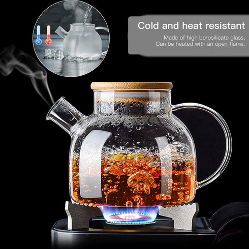 Glass Teapot with Strainer, Stovetop & Microwave Safe Borosilicate Glass Kettle, 60.8oz/1800ml, Wooden Lid