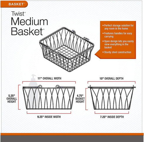 Spectrum Diversified Twist Storage Handles, Modern Farmhouse Décor Farmer’s Market-Style Wire Basket for Organizing Bathroom, Pantry & Craft Room, Medium, Black