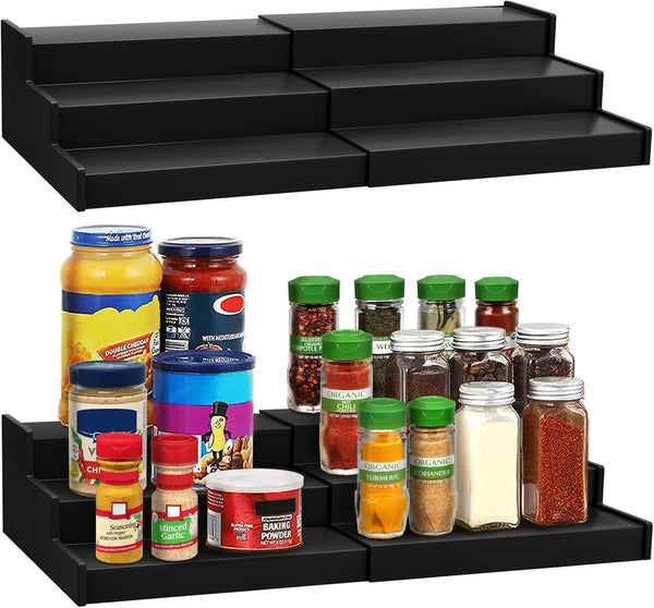 Spice Rack Organizer, 3 Tier Expandable Bamboo Spice Rack for Kitchen Cabinet, Cupboard, Pantry - Black (2pack)