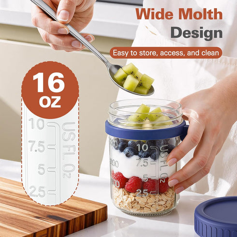 6 Pack 16 oz Overnight Oats Containers with Lids and Spoons, Airtight Oatmeal Container with Measurement Marks