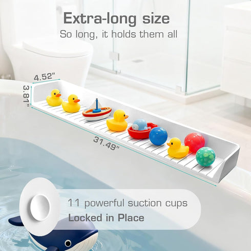 DubiLaka 31.5" Bathtub Splash Guard for Kids & Toddlers - Silicone Play Shelf & Toy Storage Tray with Strong Suction