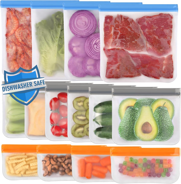 Lerine 14 Pack Reusable Silicone Bags, Leakproof Freezer Bags, BPA Free Storage Bags for Lunch, Marinate Food, Travel