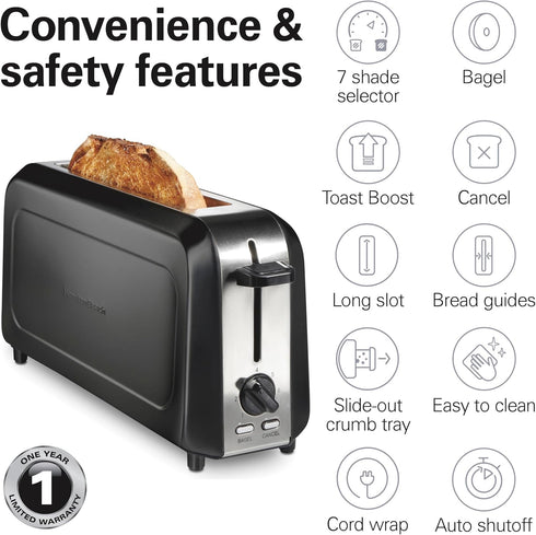 Hamilton Beach Extra Long Slot 2 Slice Toaster - Browning Control, Bagel Function, Modern Slim Design, Black
