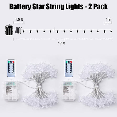 2 Pack 33ft 100 Brightown Star String Lights - Total LED Star Fairy Lights Battery Operated with Remote for Indoor