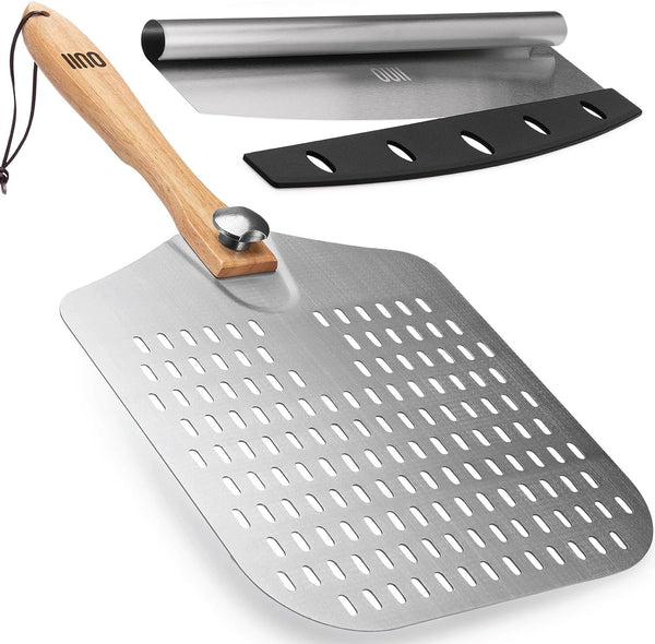 Perforated Pizza Peel 12 x 14 Inch, Paddle Spatula with Foldable Handle, Pizza Cutter Rocker 14'' Blade