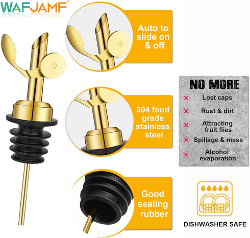 2 WAFJAMF Pcs Weighted Stainless Steel Bottle Pourers, Self Closing Olive Oil Dispenser Spout, Auto Flip Feature Liquor
