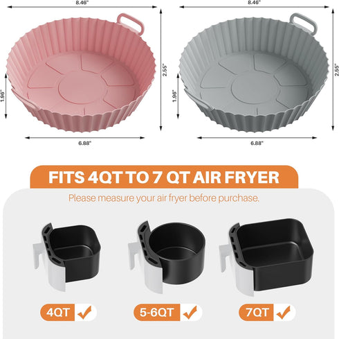 ME.FAN Air Fryer Silicone Liners, 2 Pack for 4 to 7 QT, Reusable Basket with Handles & Holes, Rose Pink & Light Grey