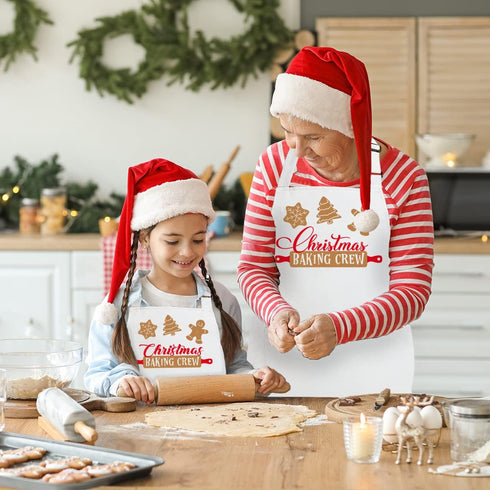 2 Pack Christmas Matching Aprons for Kids and Adults, Christmas Baking Crew, White Kitchen Aprons with 2 Pockets for