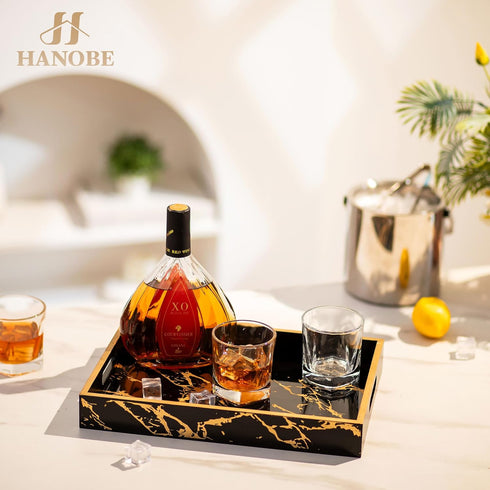 Counter Hanobe Decorative Serving Tray Black: Imitation Marble Coffee Table Tray Decor with Handle Gold for Bar Ottoman
